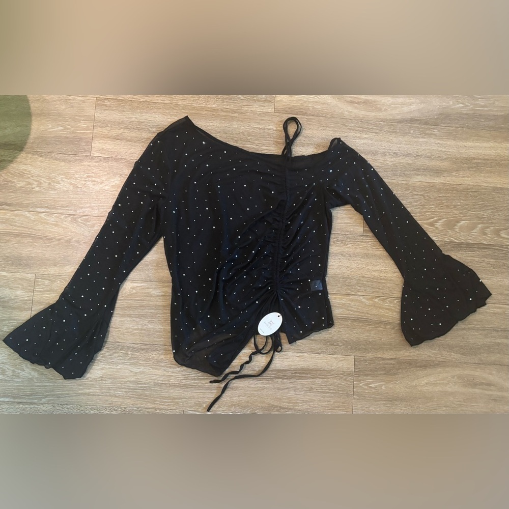 Y2K Indie Sheer Top Mesh Black 2X boho fairy indie Sparkle Flare Sleeve Coquette